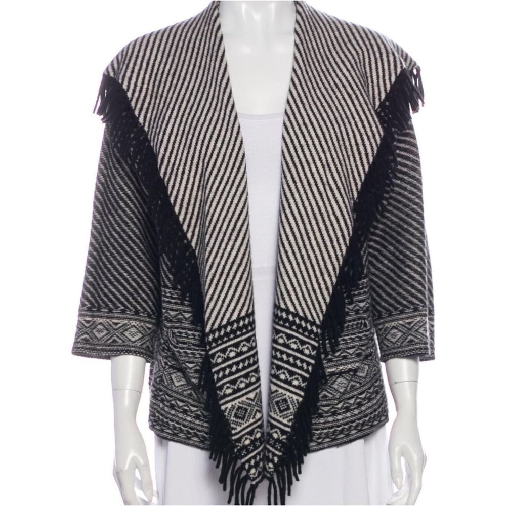 Joie Jocope Open Front Sweater Jaquard Cardigan Boho Fringe Yak Wool Size Small